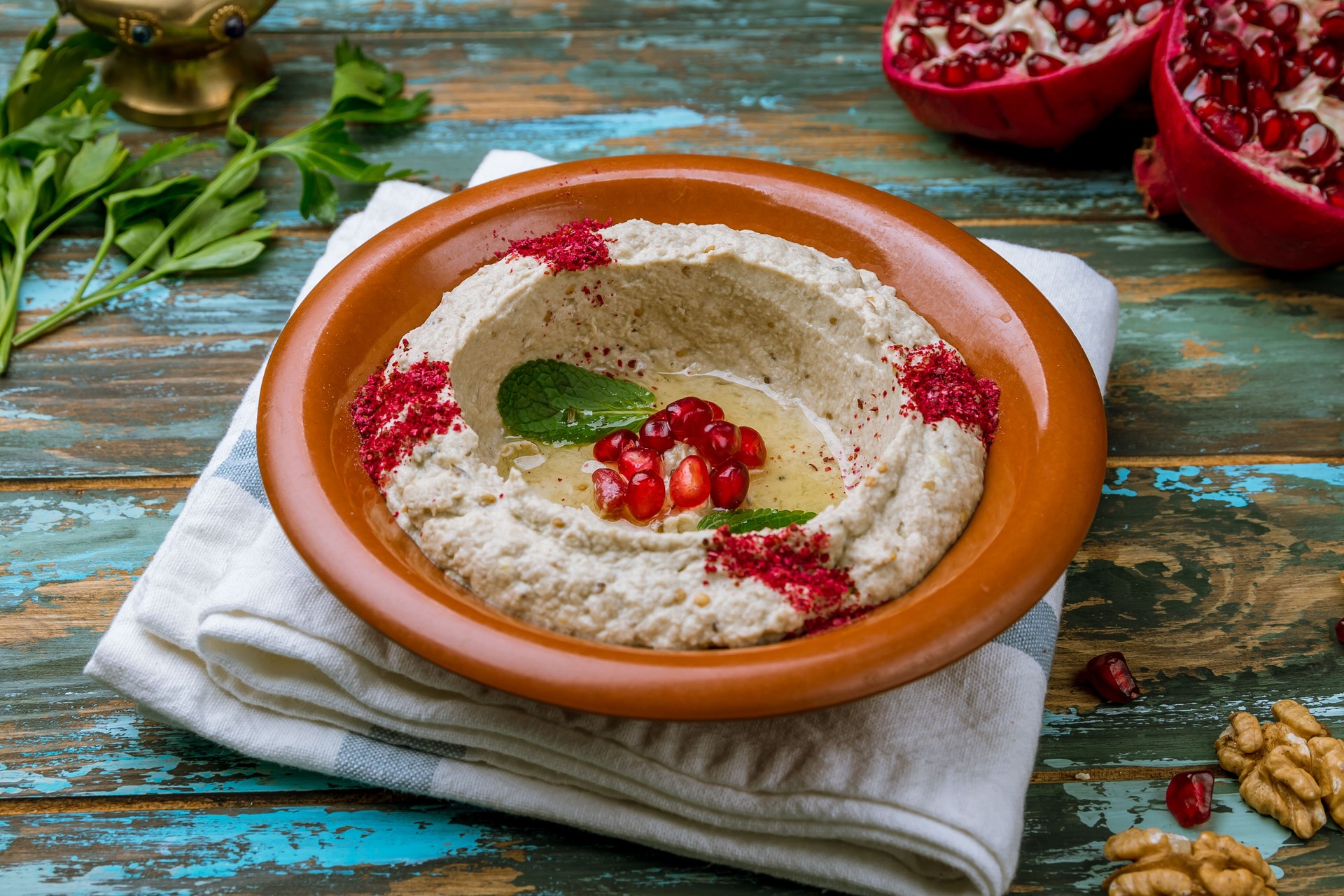 mutabal Turkish cuisine on wooden table