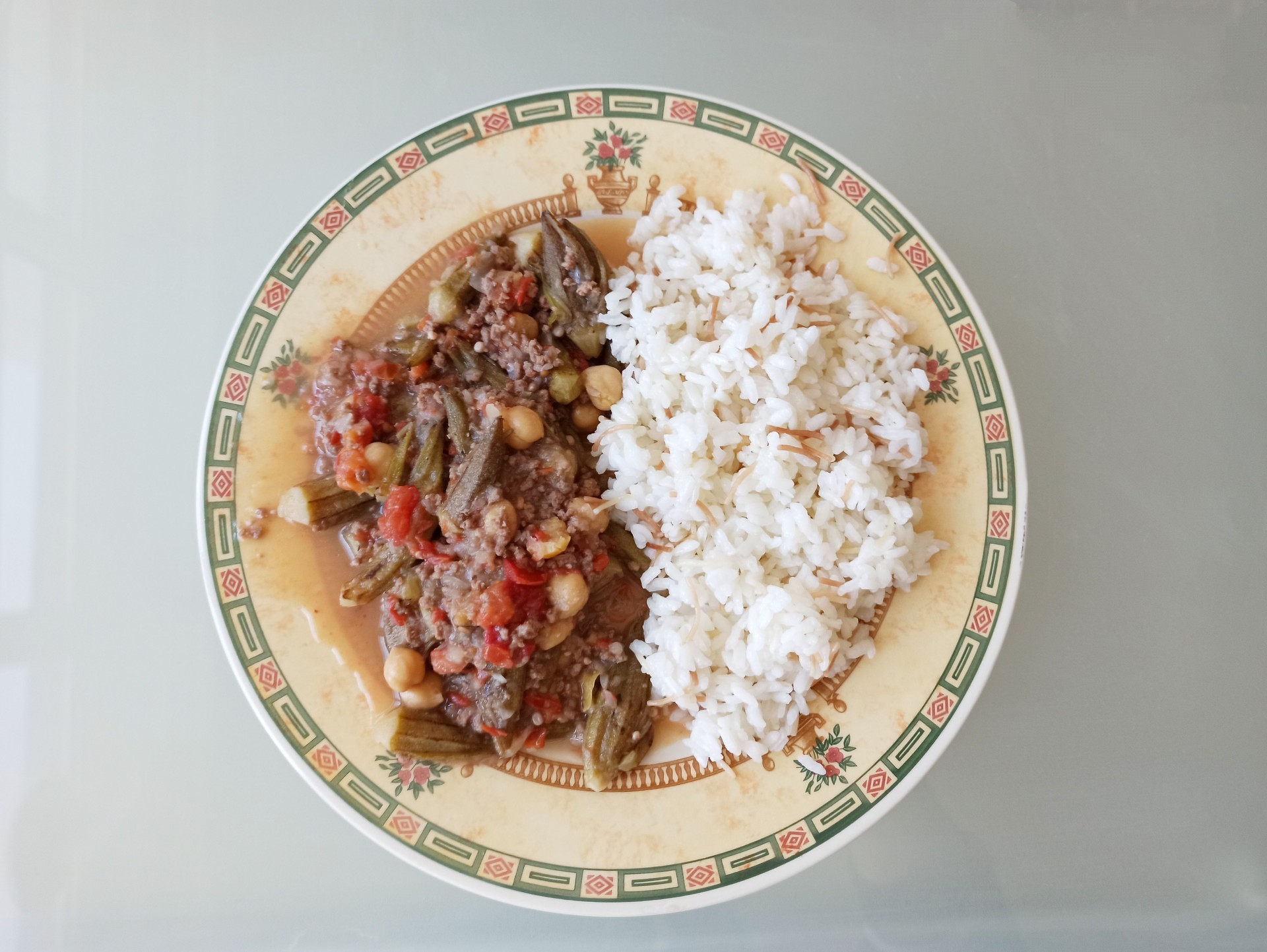 Traditional turkish okra with chikpea and ground beef dish cooked served with rice pilaf  in Istanbul turkey