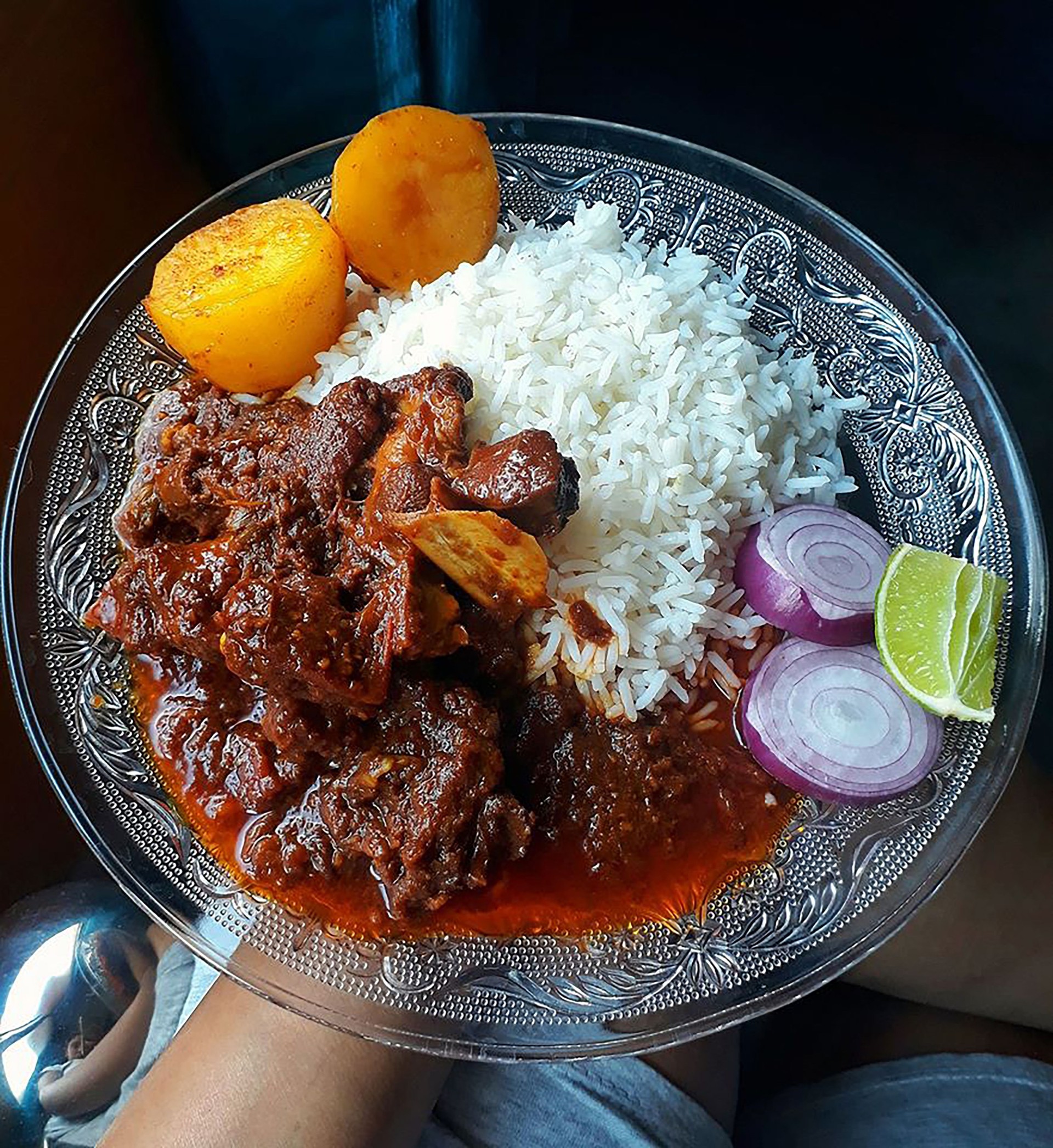 homemade mutton curry with steamed rice