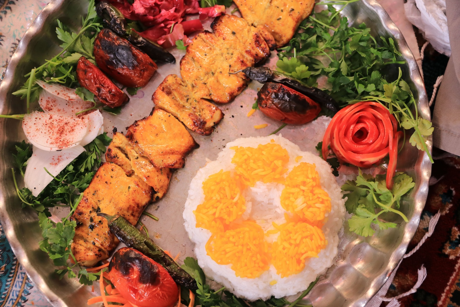 Traditional Middle eastern Persian chicken and lamb meat Shashlik Kebab (skewered meat) with rice, Iranian cuisine